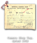 Camera Shop Tag, dated 1954