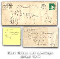 Misc Notes and envelope dated 1970